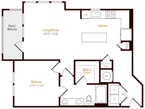 Floor plan for 1 bed, 1 bath, 863 sqft